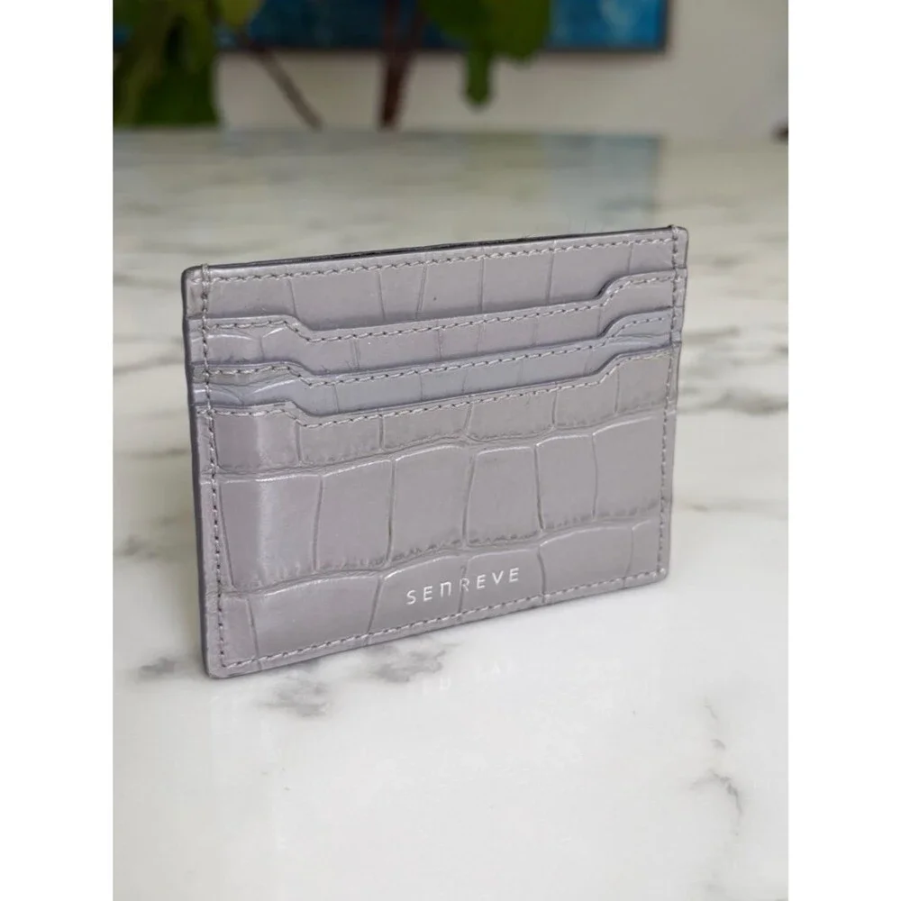 Senreve Carte Folio Dragon Croc Embossed Leather Card Holder Storm Gray